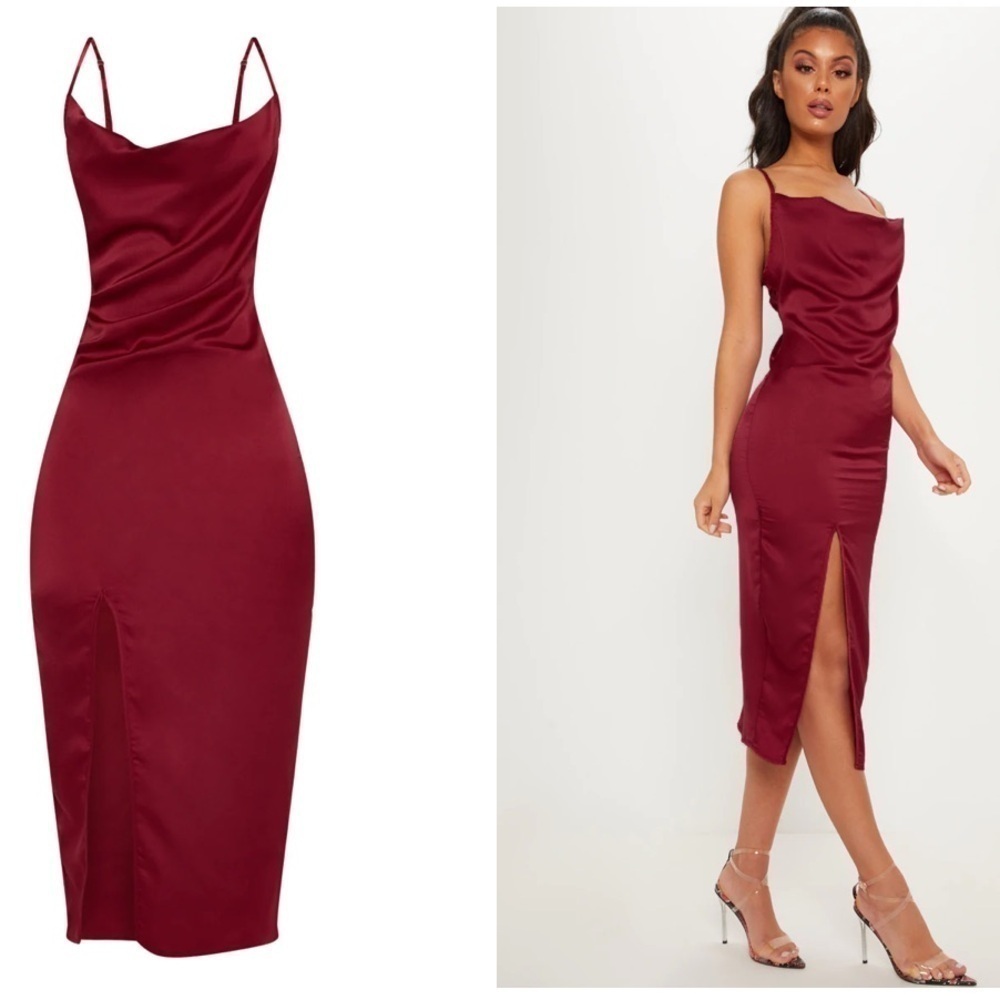 PRETTY LITTLE THING STRAPPY SATIN COWL MIDI DRESS